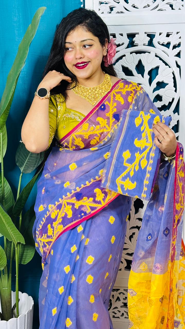 Tufts Blue Korat Buti Soft Jamdani Sari With Blouse Piece