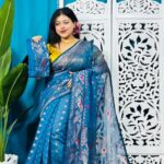 Venice Blue Soft Golden Buti Jamdani Sari With Blouse Piece