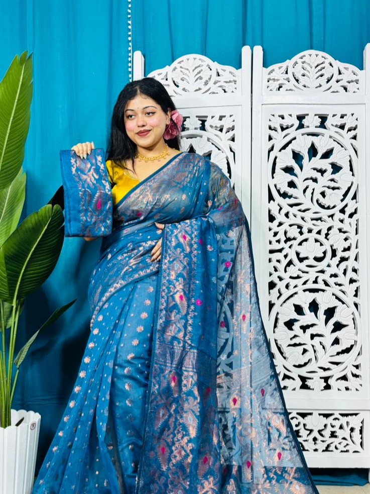 Venice Blue Soft Golden Buti Jamdani Sari With Blouse Piece