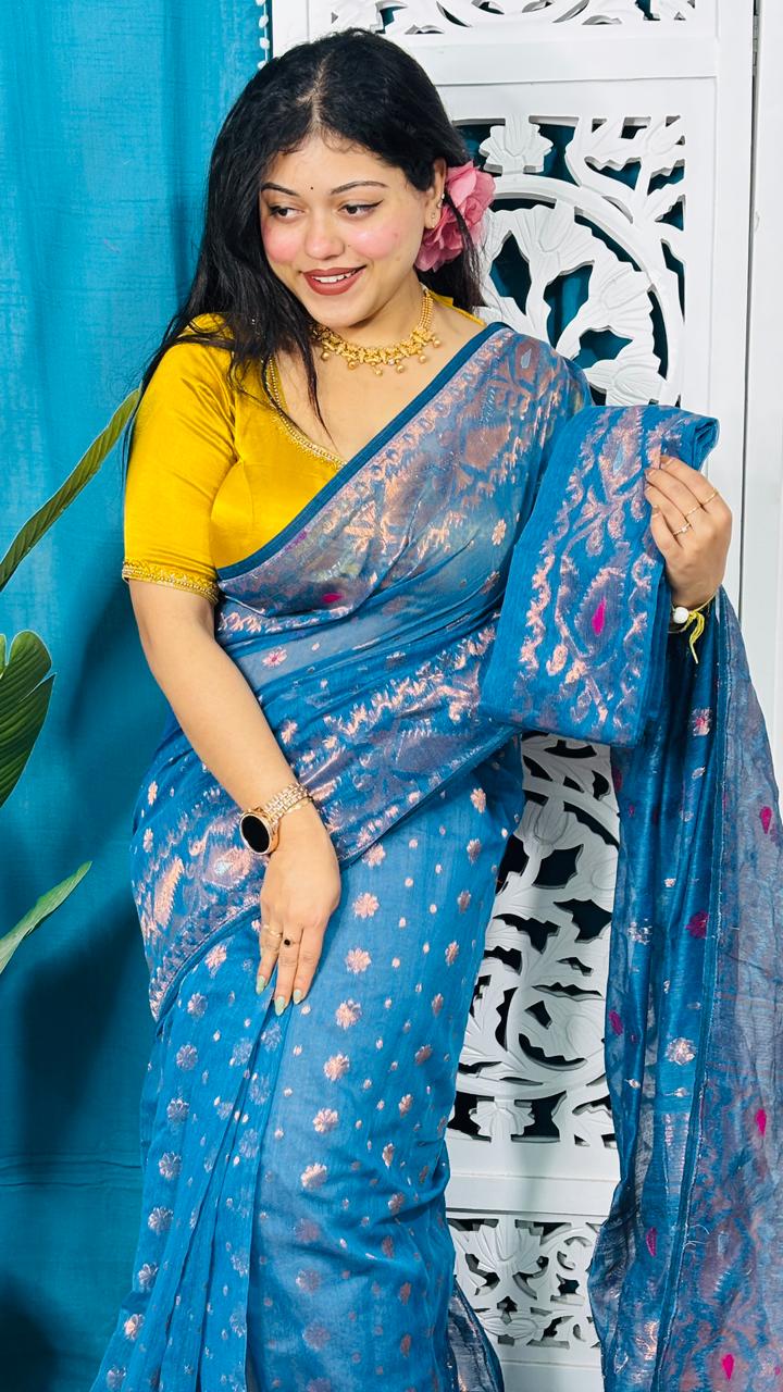 Venice Blue Soft Golden Buti Jamdani Sari With Blouse Piece