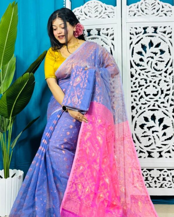 Warm Blue Soft Golden Buti Jamdani Sari With Blouse Piece