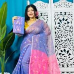 Warm Blue Soft Golden Buti Jamdani Sari With Blouse Piece