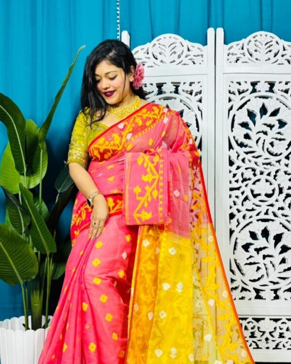 Watermelon Korat Buti Soft Jamdani Sari With Blouse Piece