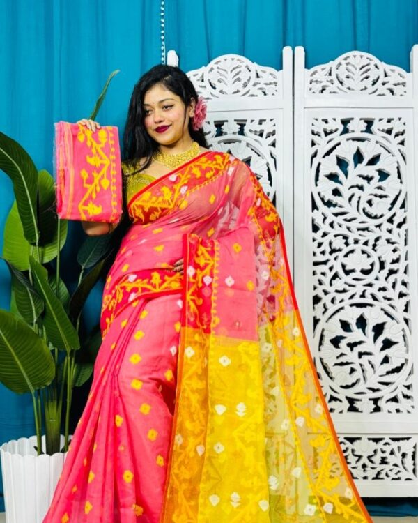 Watermelon Korat Buti Soft Jamdani Sari With Blouse Piece