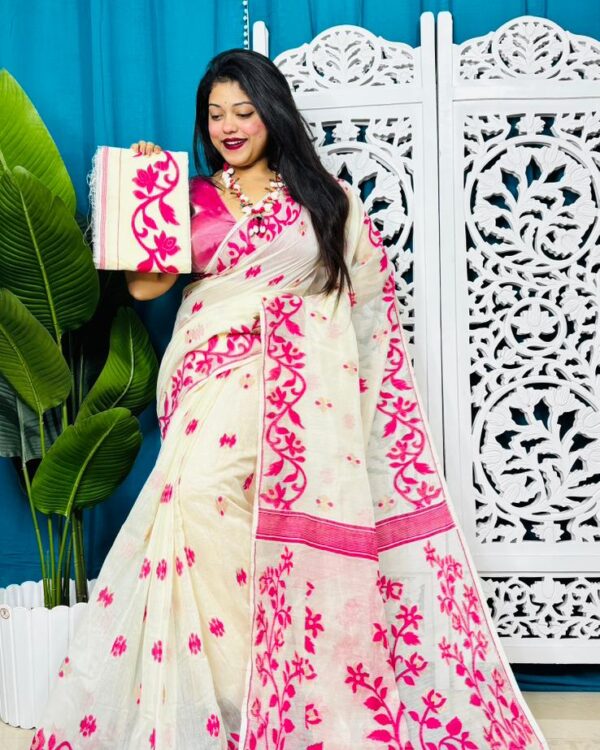 White Rock Soft Lota Jamdani Sari With Blouse Piece