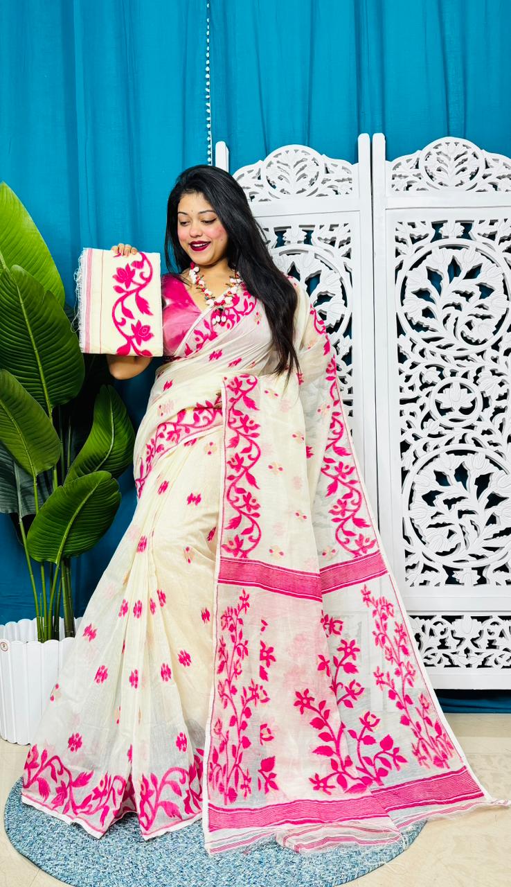 White Rock Soft Lota Jamdani Sari With Blouse Piece