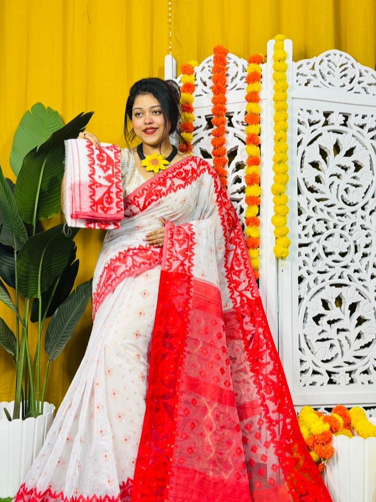 White Soft Dhakai Jamdani Saree