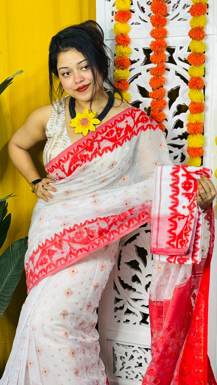 White Soft Dhakai Jamdani Saree