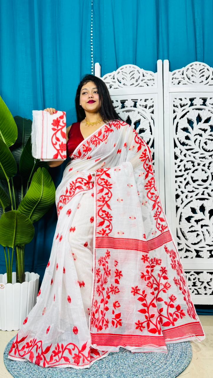White Soft Lota Jamdani Sari With Blouse Piece