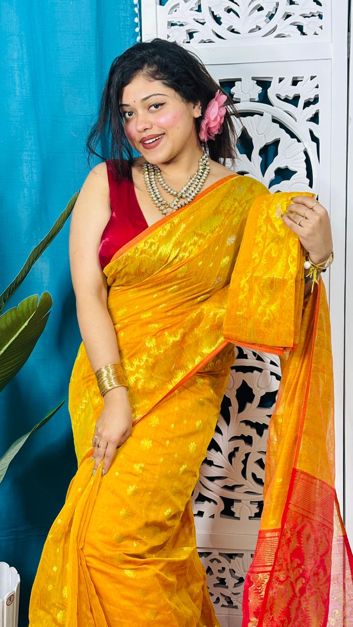 Yellow And Red Soft Golden Buti Jamdani Sari With Blouse Piece