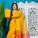 Yellow And Red Soft Golden Buti Jamdani Sari With Blouse Piece