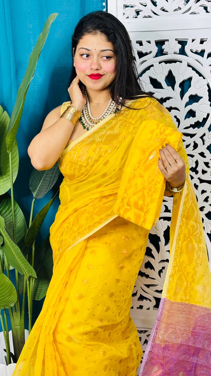 Yellow And Warm Purple Soft Golden Buti Jamdani Sari With Blouse Piece