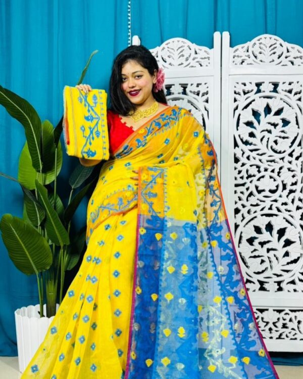 Yellow And Water Blue Korat Buti Soft Jamdani Sari With Blouse Piece