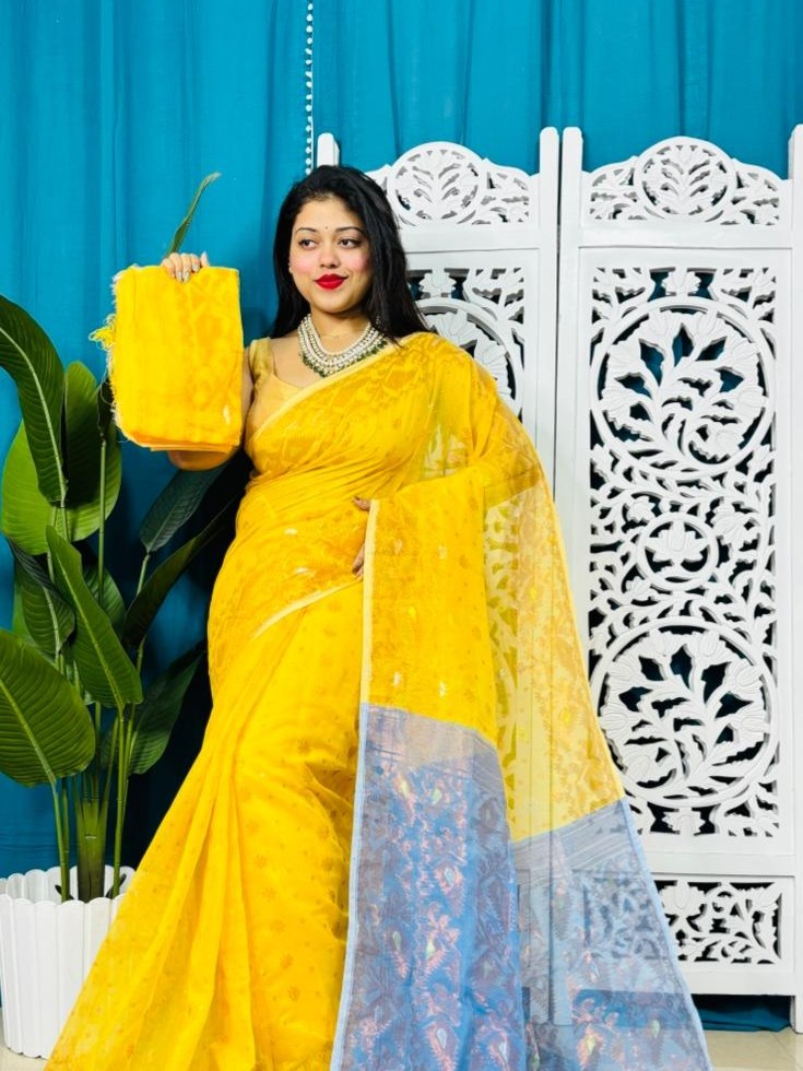 Yellow Soft Golden Buti Jamdani Sari With Blouse Piece