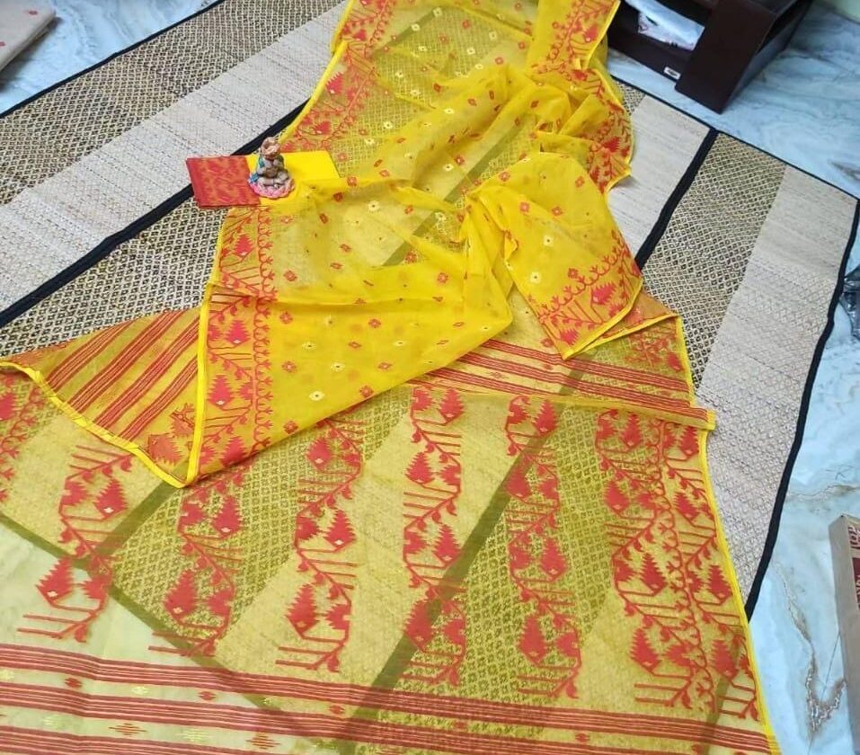 Yellow Soft Buti Karat Jamdani Sari With Blouse Piece