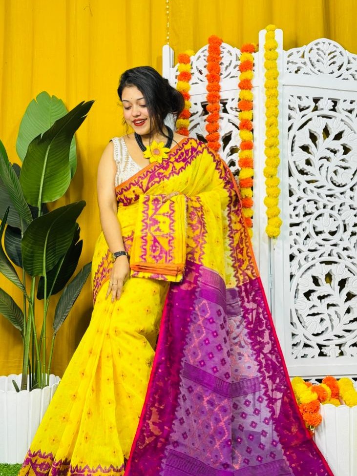 Yellow Soft Dhakai Jamdani Saree