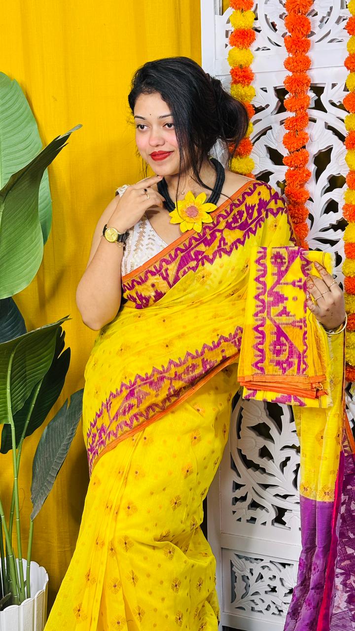 Yellow Soft Dhakai Jamdani Saree