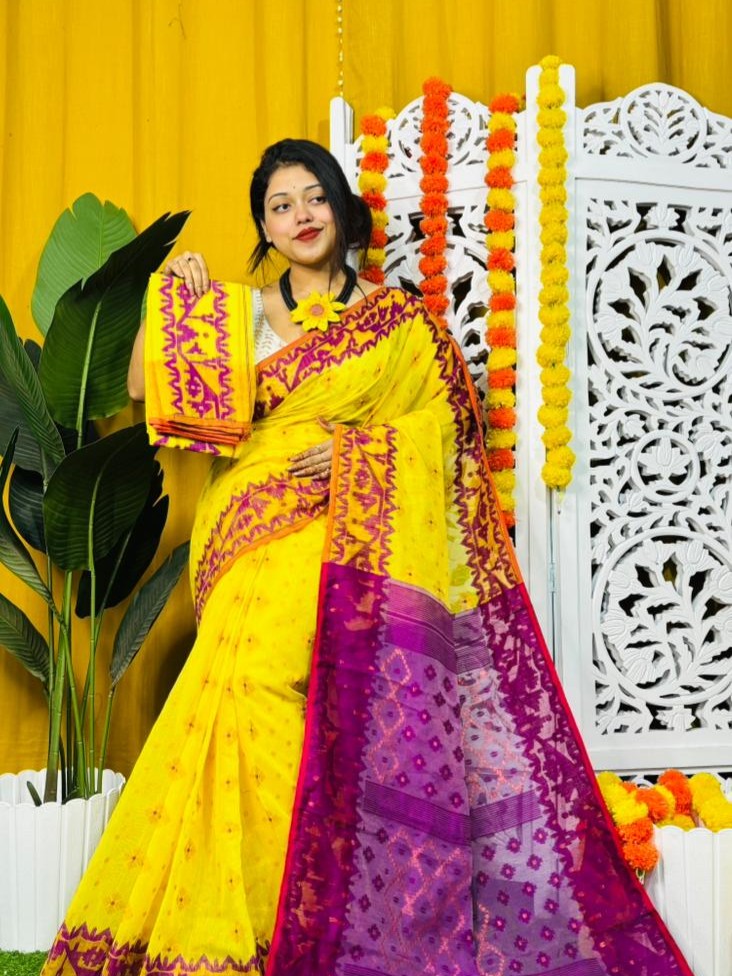 Yellow Soft Dhakai Jamdani Saree