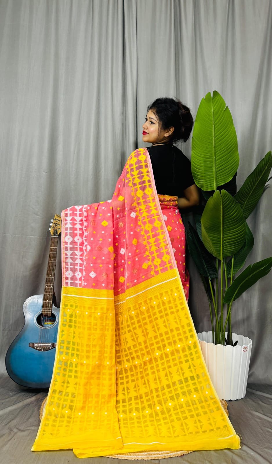 Bean Red Soft Ganga Jamuna Jamdani Sari With Blouse Piece - Image 2