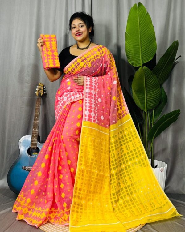 Bean Red Soft Ganga Jamuna Jamdani Sari With Blouse Piece