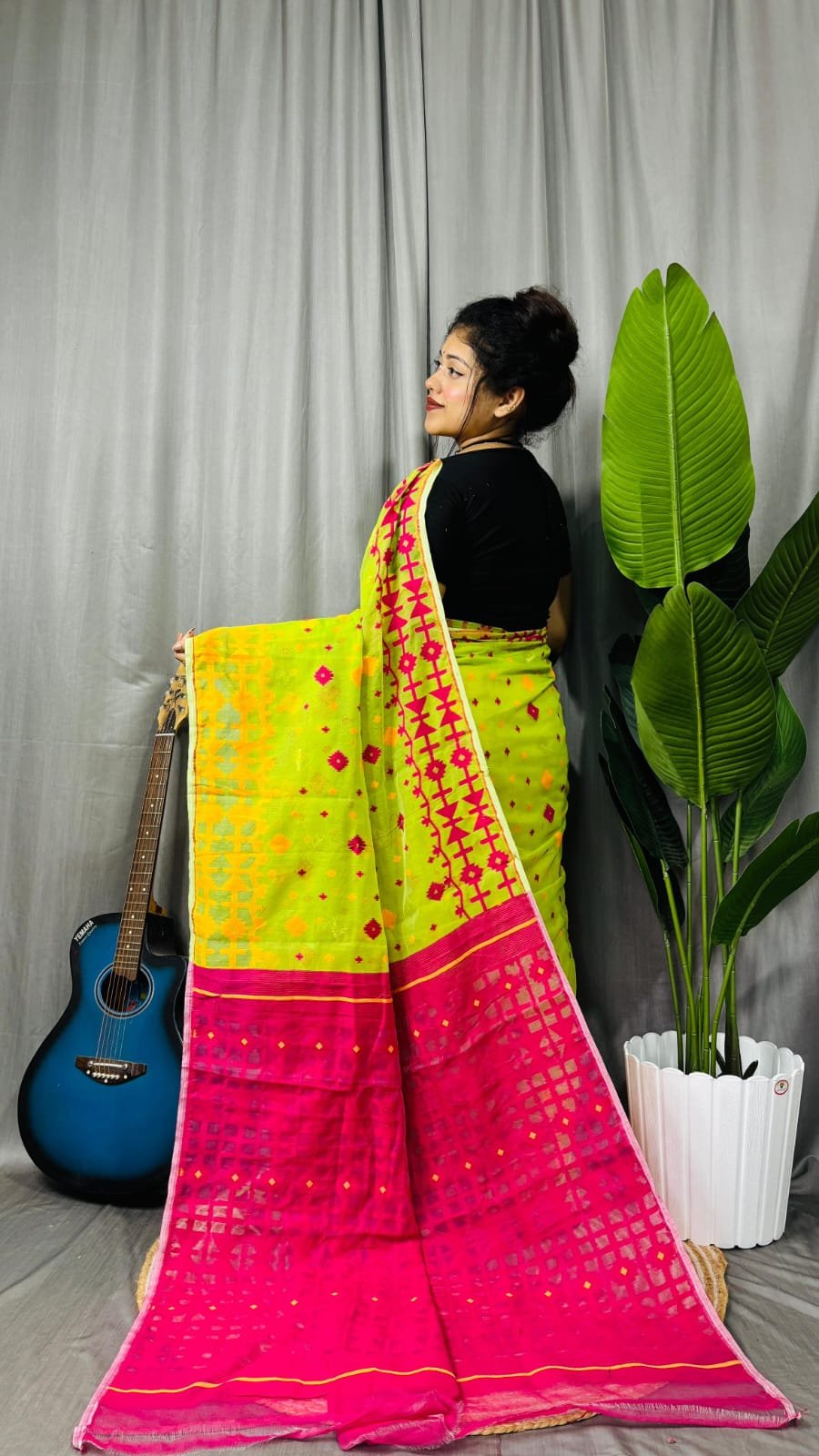 Bitter Lemon Soft Ganga Jamuna Jamdani Sari With Blouse Piece - Image 2