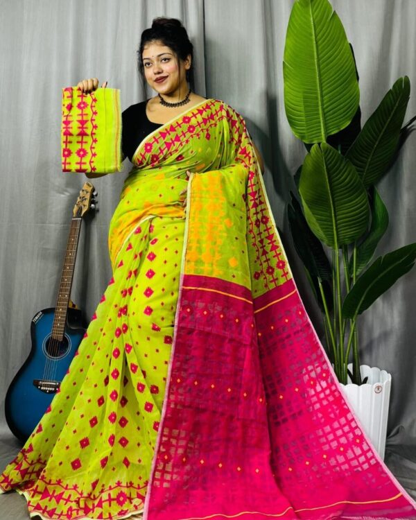 Bitter Lemon Soft Ganga Jamuna Jamdani Sari With Blouse Piece