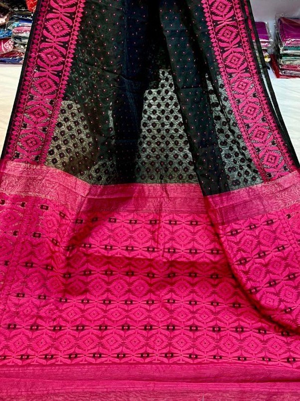 Barfi Soft Dhakai Jamdani Sari with Blouse Piece - Black - Image 2