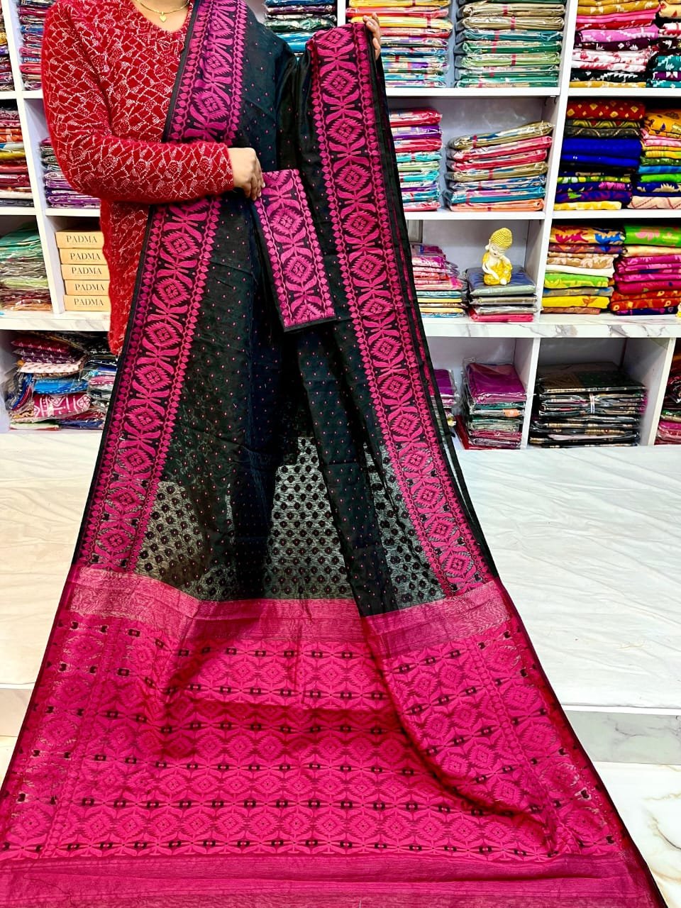 Barfi Soft Dhakai Jamdani Sari with Blouse Piece - Black