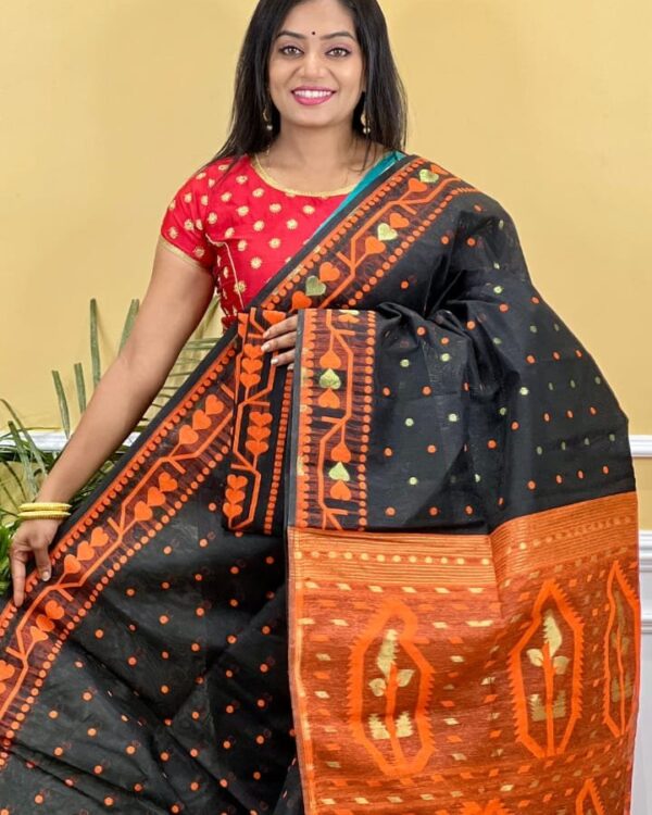 Buti Soft Dhakai Jamdani Saree with Blouse Piece - Black