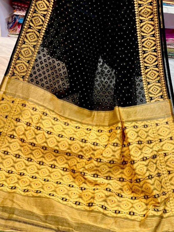 Barfi Soft Dhakai Jamdani Sari with Blouse Piece - Black - Image 2