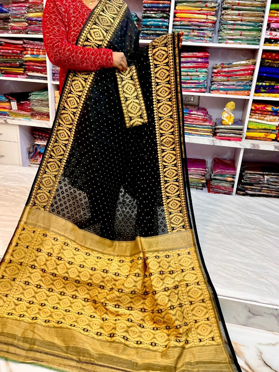 Barfi Soft Dhakai Jamdani Sari with Blouse Piece - Black