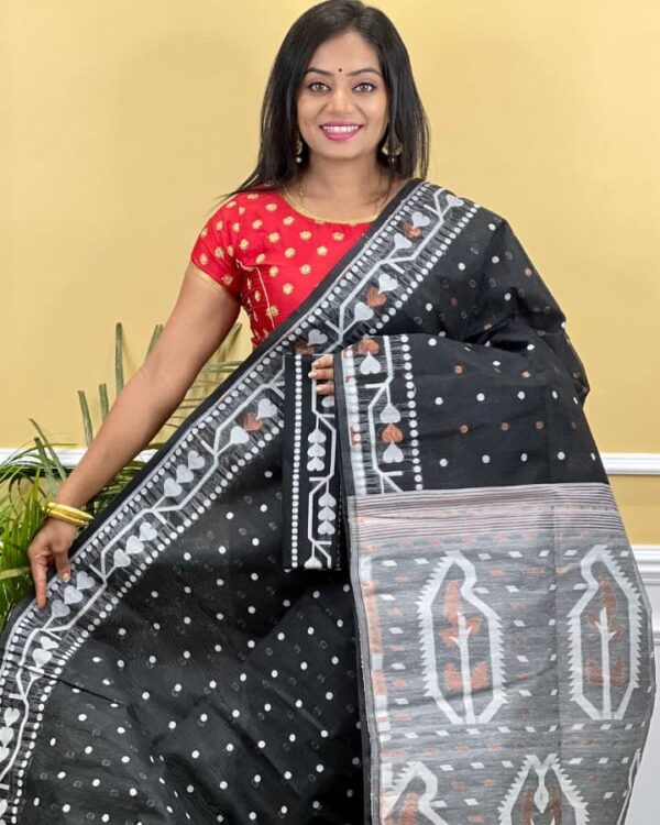 Buti Soft Dhakai Jamdani Saree with Blouse Piece - Black