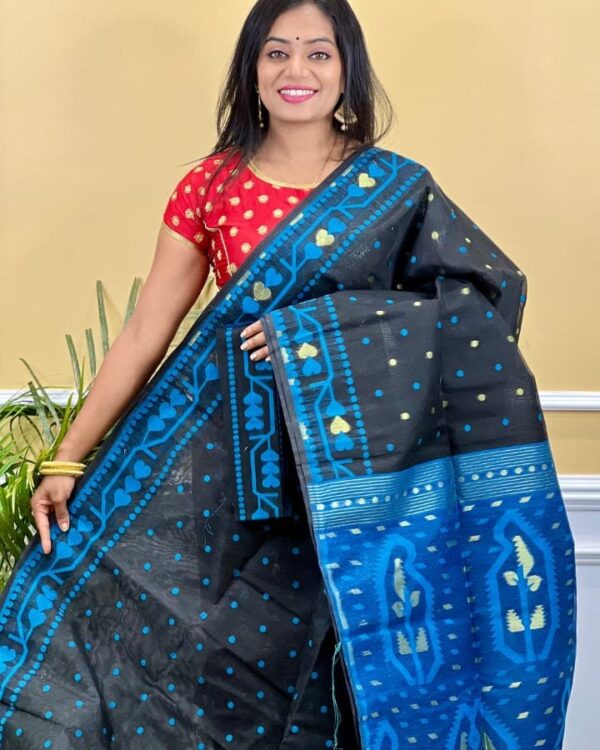 Buti Soft Dhakai Jamdani Saree with Blouse Piece - Black