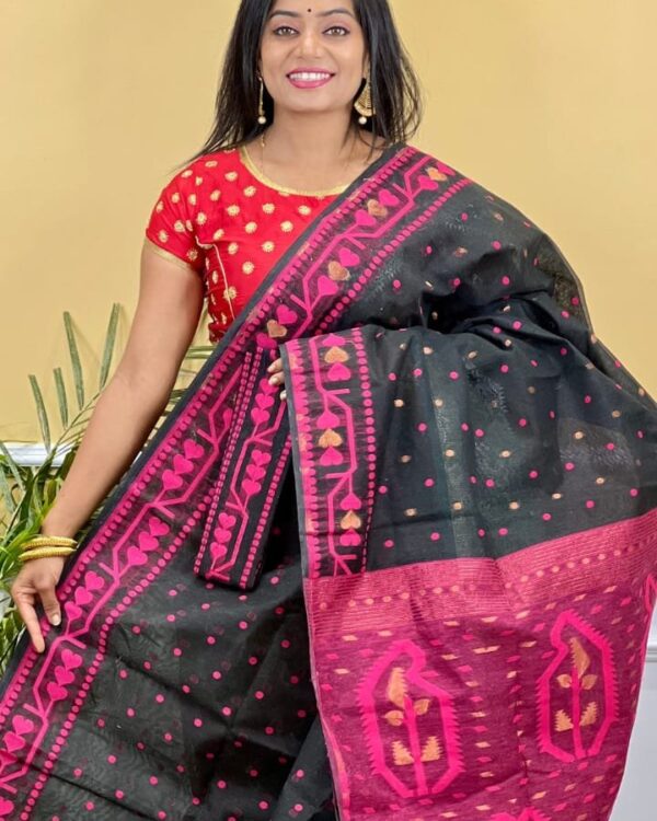 Buti Soft Dhakai Jamdani Saree with Blouse Piece - Black