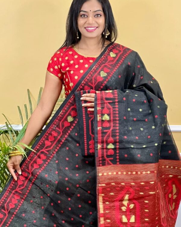 Buti Soft Dhakai Jamdani Saree with Blouse Piece - Black