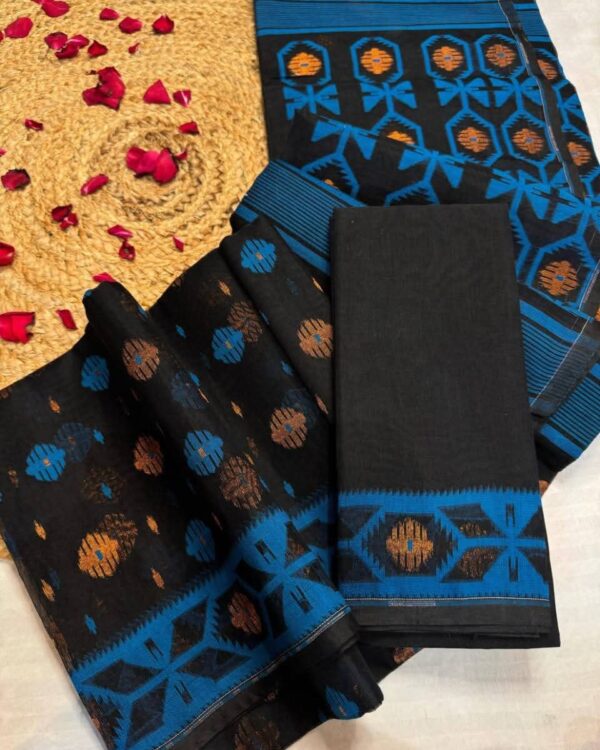 Barfi Buti Soft Dhakai Jamdani Sari with Blouse Piece - Black