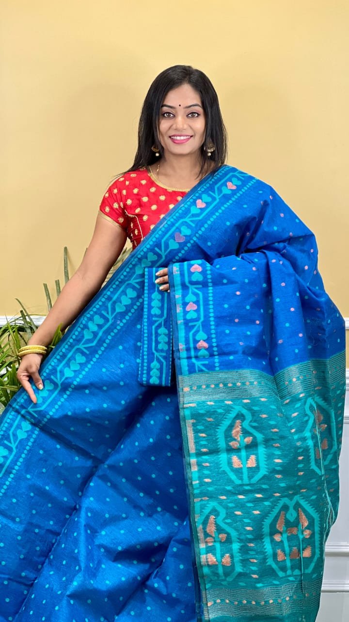 Buti Soft Dhakai Jamdani Saree with Blouse Piece - Blue