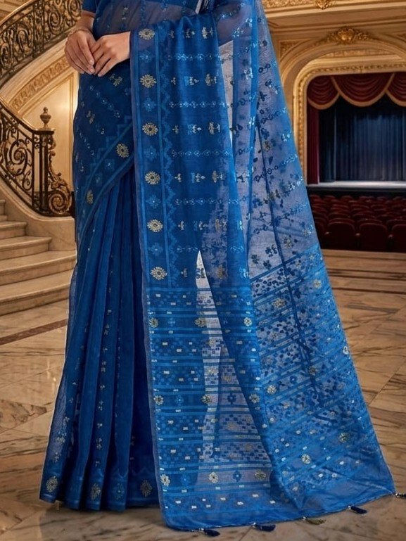 Nayan Tara Soft Dhakai Jamdani Saree - Blue - Image 2