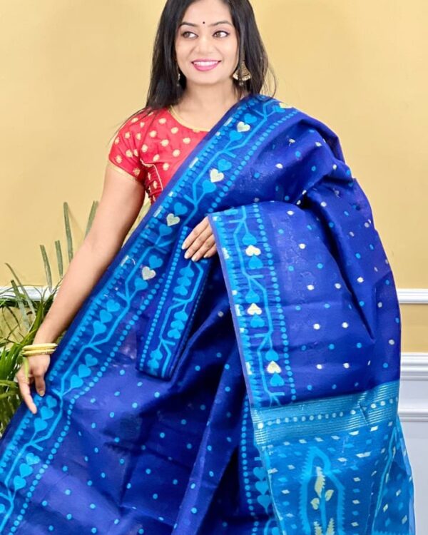 Buti Soft Dhakai Jamdani Saree with Blouse Piece - Blue
