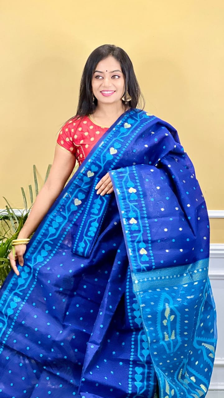 Buti Soft Dhakai Jamdani Saree with Blouse Piece - Blue