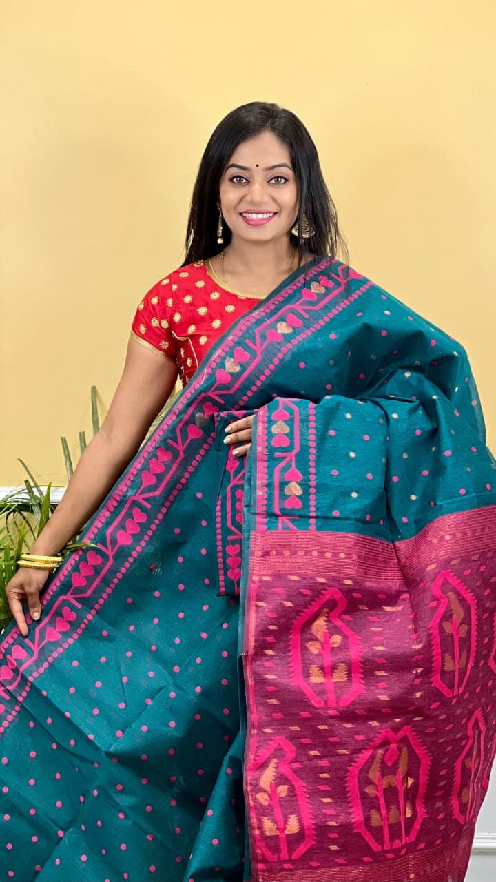 Buti Soft Dhakai Jamdani Saree with Blouse Piece - Dark Aqua