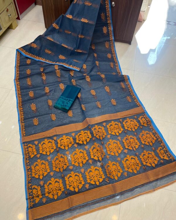 Soft Dhakai Jamdani Saree with Blouse Piece - Dark Blue Grey