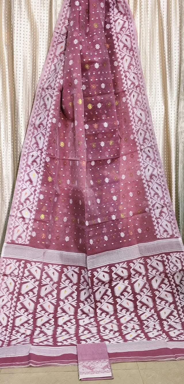 Dark Mauve Soft Buti Korat Jamdani Saree With Blouse Piece