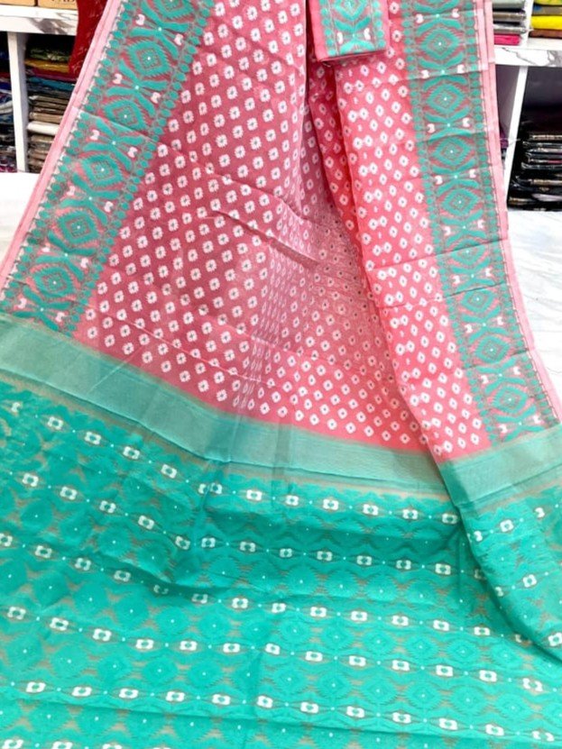 Barfi Soft Dhakai Jamdani Sari with Blouse Piece - Deep Blush - Image 2