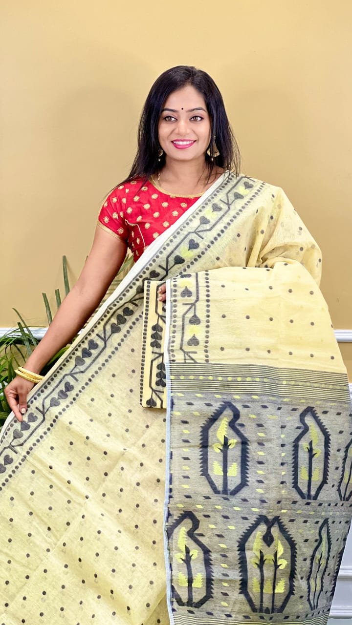 Buti Soft Dhakai Jamdani Saree with Blouse Piece - Deep Cream