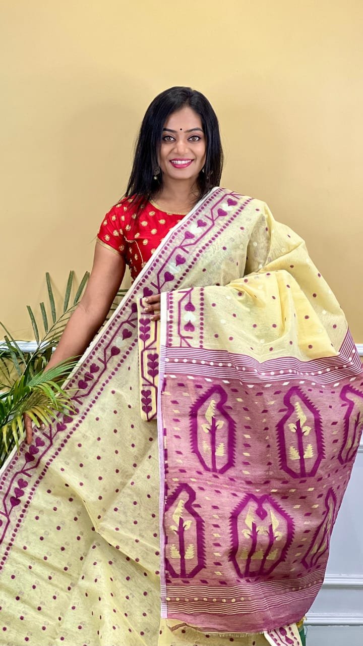 Buti Soft Dhakai Jamdani Saree with Blouse Piece - Deep Cream