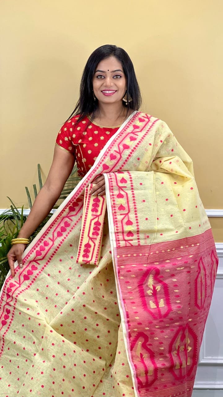 Buti Soft Dhakai Jamdani Saree with Blouse Piece - Deep Cream