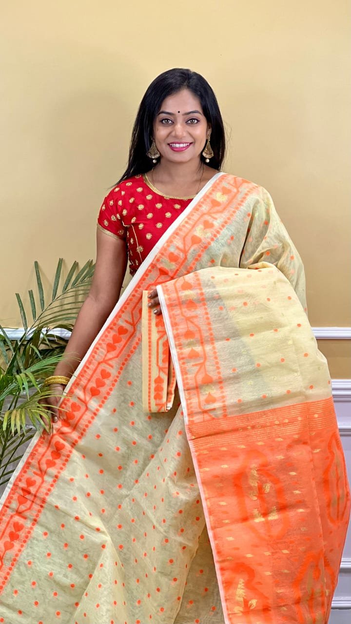 Buti Soft Dhakai Jamdani Saree with Blouse Piece - Deep Cream