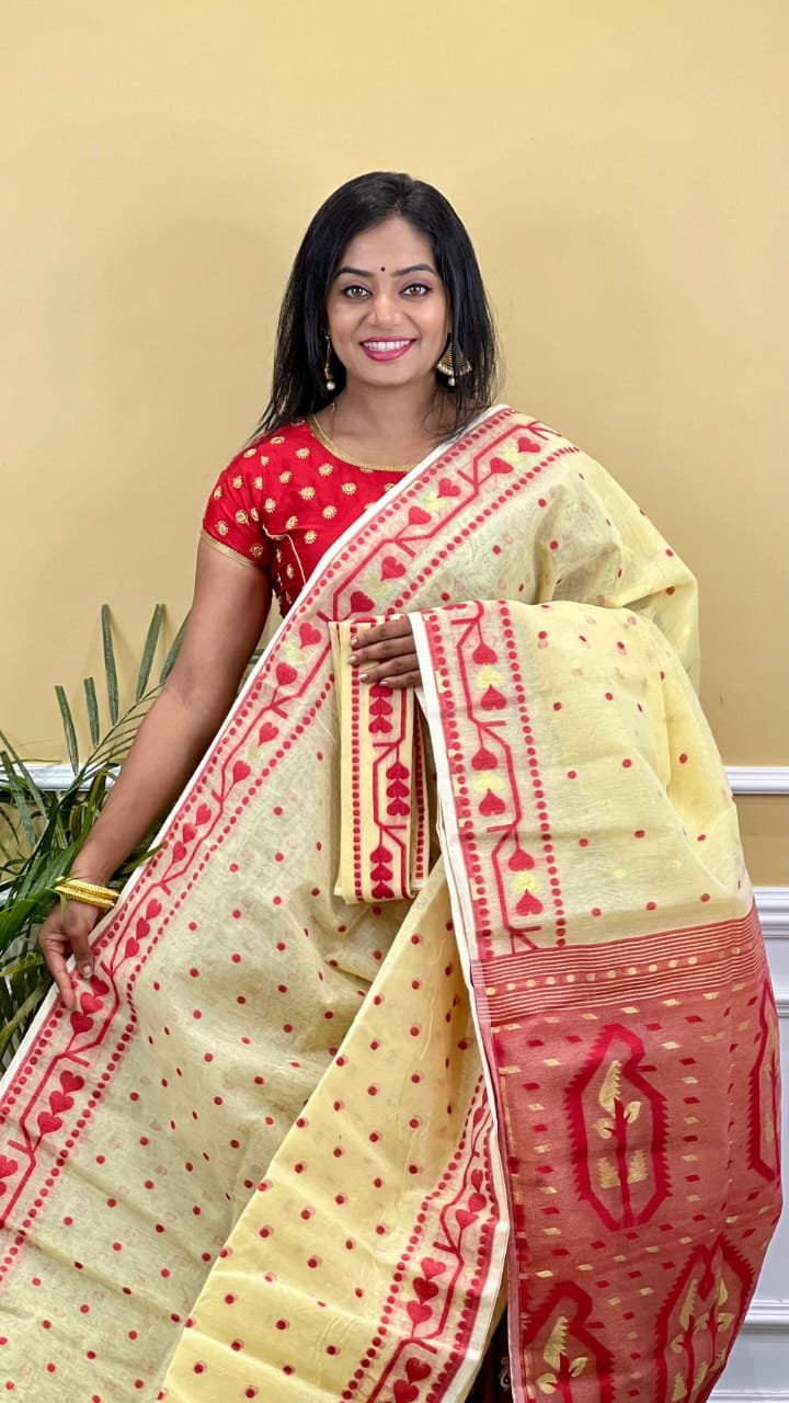 Buti Soft Dhakai Jamdani Saree with Blouse Piece - Deep Cream