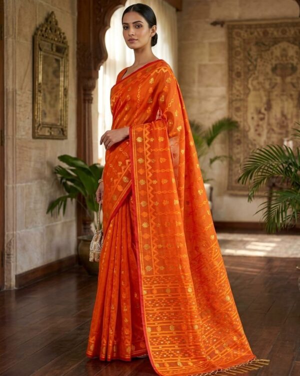 Nayan Tara Soft Dhakai Jamdani Saree - Deep Orange